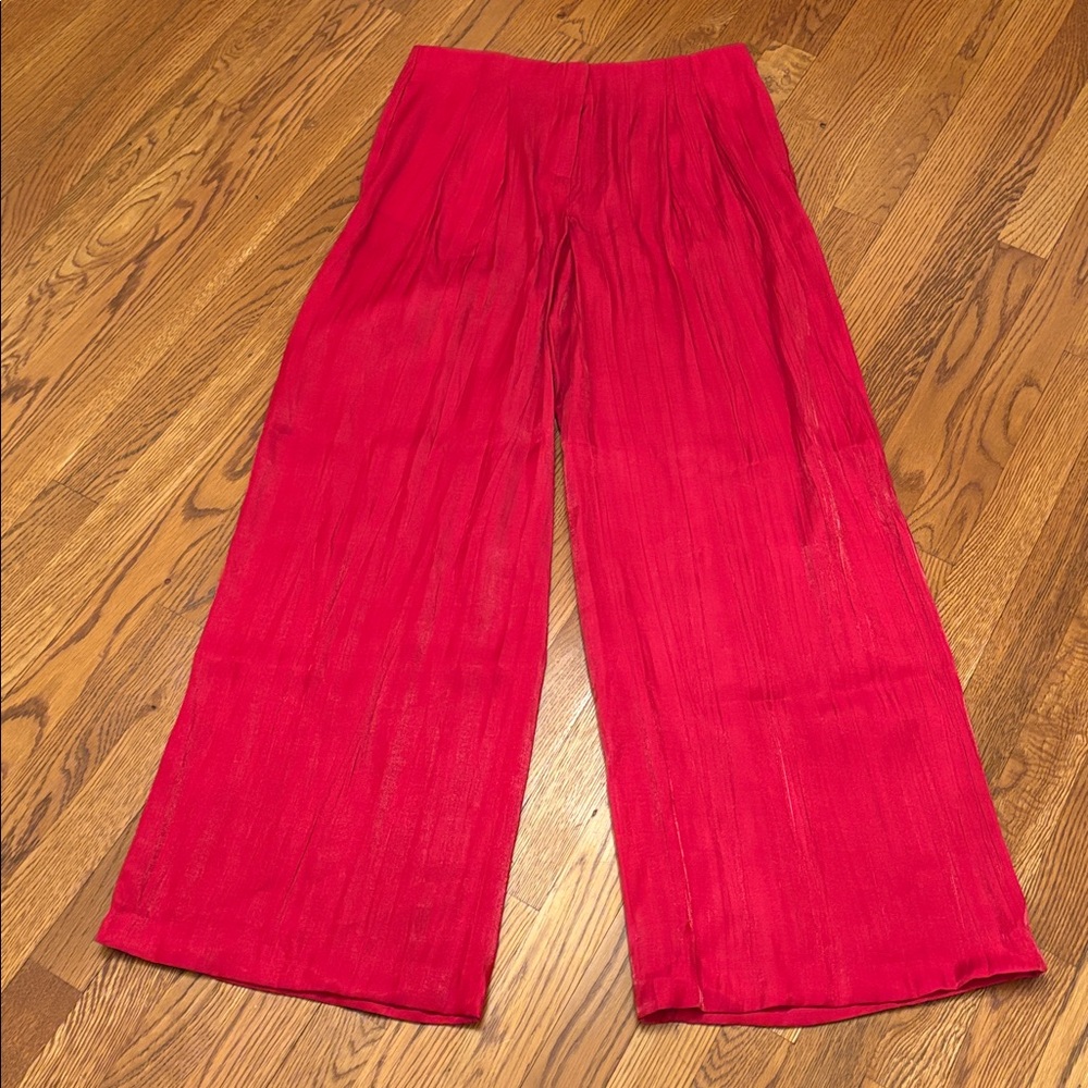 Zara metallic sheen crinkle effect lightweight wide-leg pink pants trousers sz.S - Picture 6 of 16